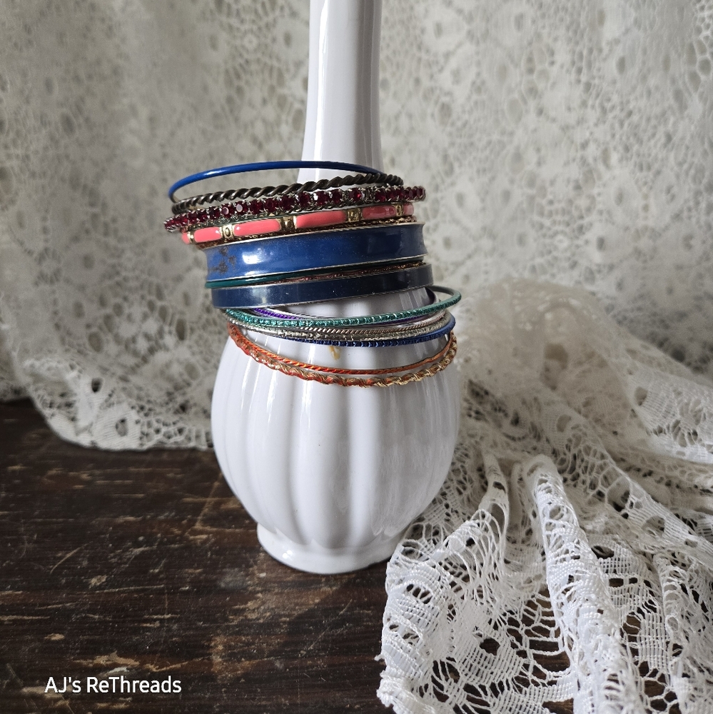 Mixed Metal Colorful Bangle Bracelet Set Boho Stack